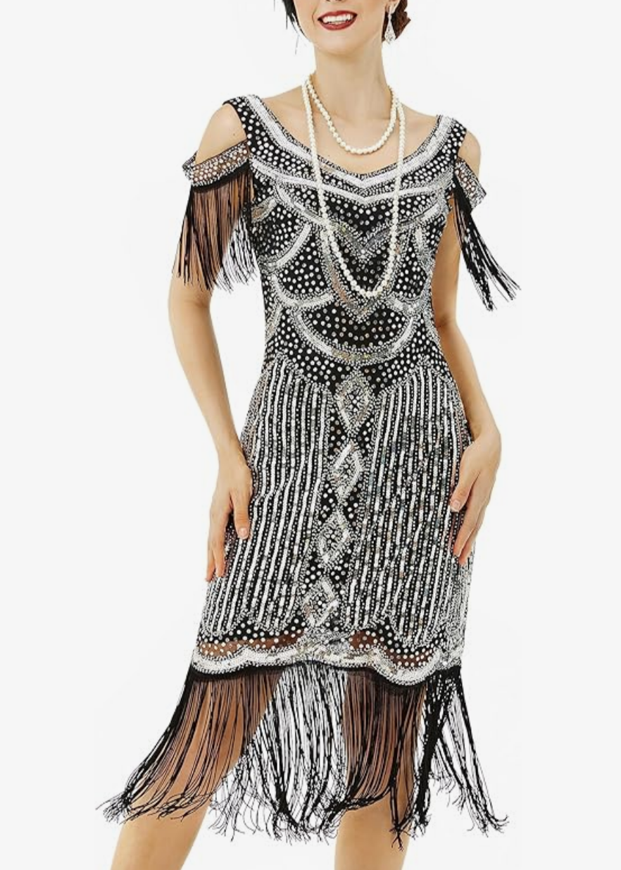 LAST ONES Bee's Knees, Silver & Black Off-Shoulder Cocktail Deco Flapper, SIZE LG REMAINING Party Attire, Women's Clothing