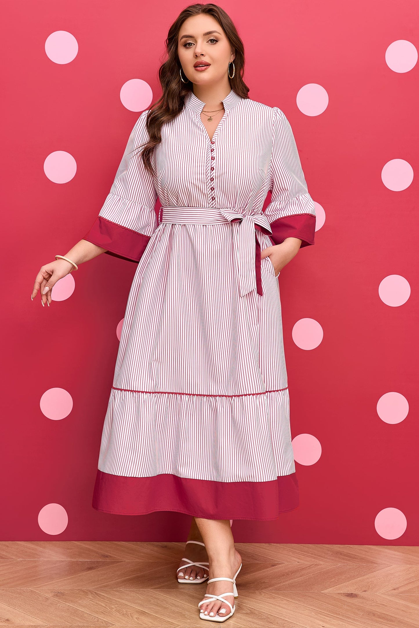 LAST ONES, Lovely Charlee Hem Pinstriped Midi PLUS Day Dress