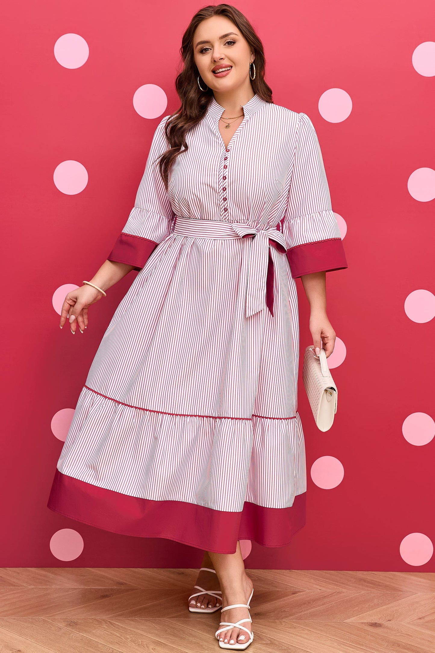 LAST ONES, Lovely Charlee Hem Pinstriped Midi PLUS Day Dress