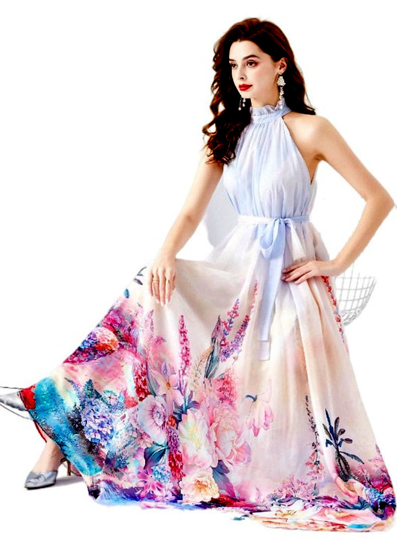 LAST ONES! Claude Designs, Chiffon Halter Floral Maxi MEDIUM Available Only! Women's Summer Apparel
