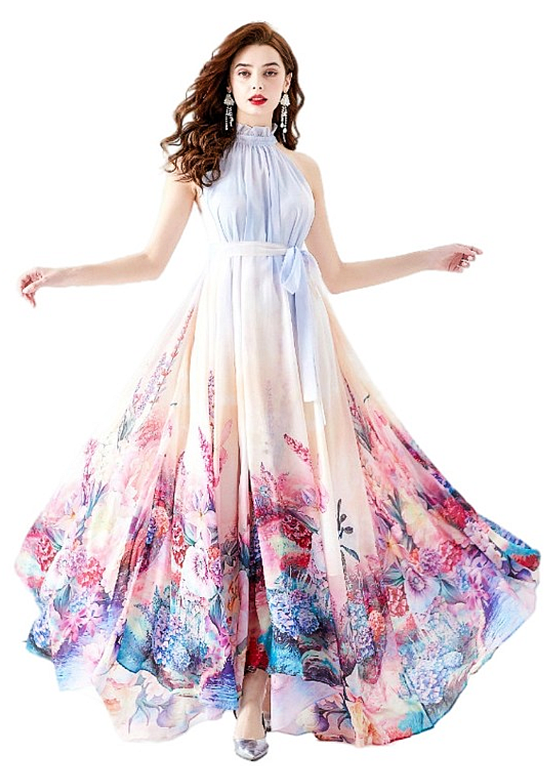 LAST ONES! Claude Designs, Chiffon Halter Floral Maxi MEDIUM Available Only! Women's Summer Apparel