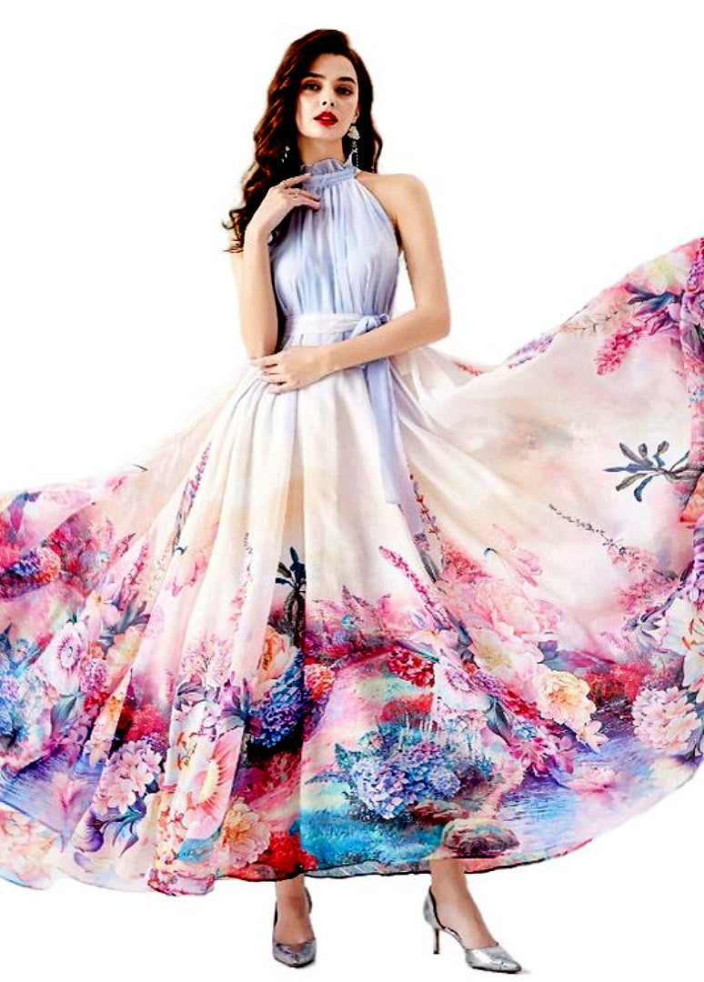 LAST ONES! Claude Designs, Chiffon Halter Floral Maxi MEDIUM Available Only! Women's Summer Apparel