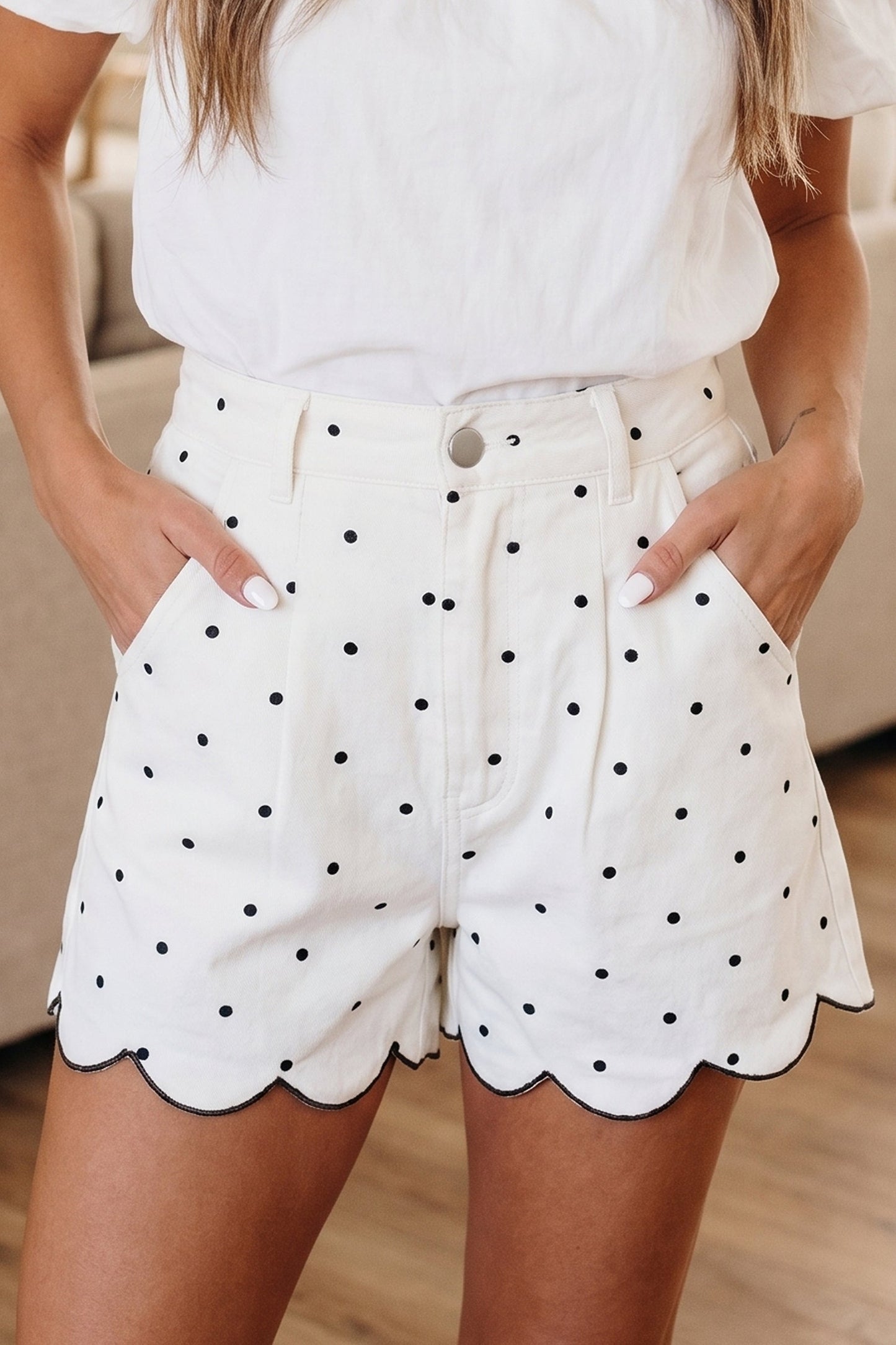 100% Cotton,  Embroidered Scallop Hem Shorts, LAST ONES