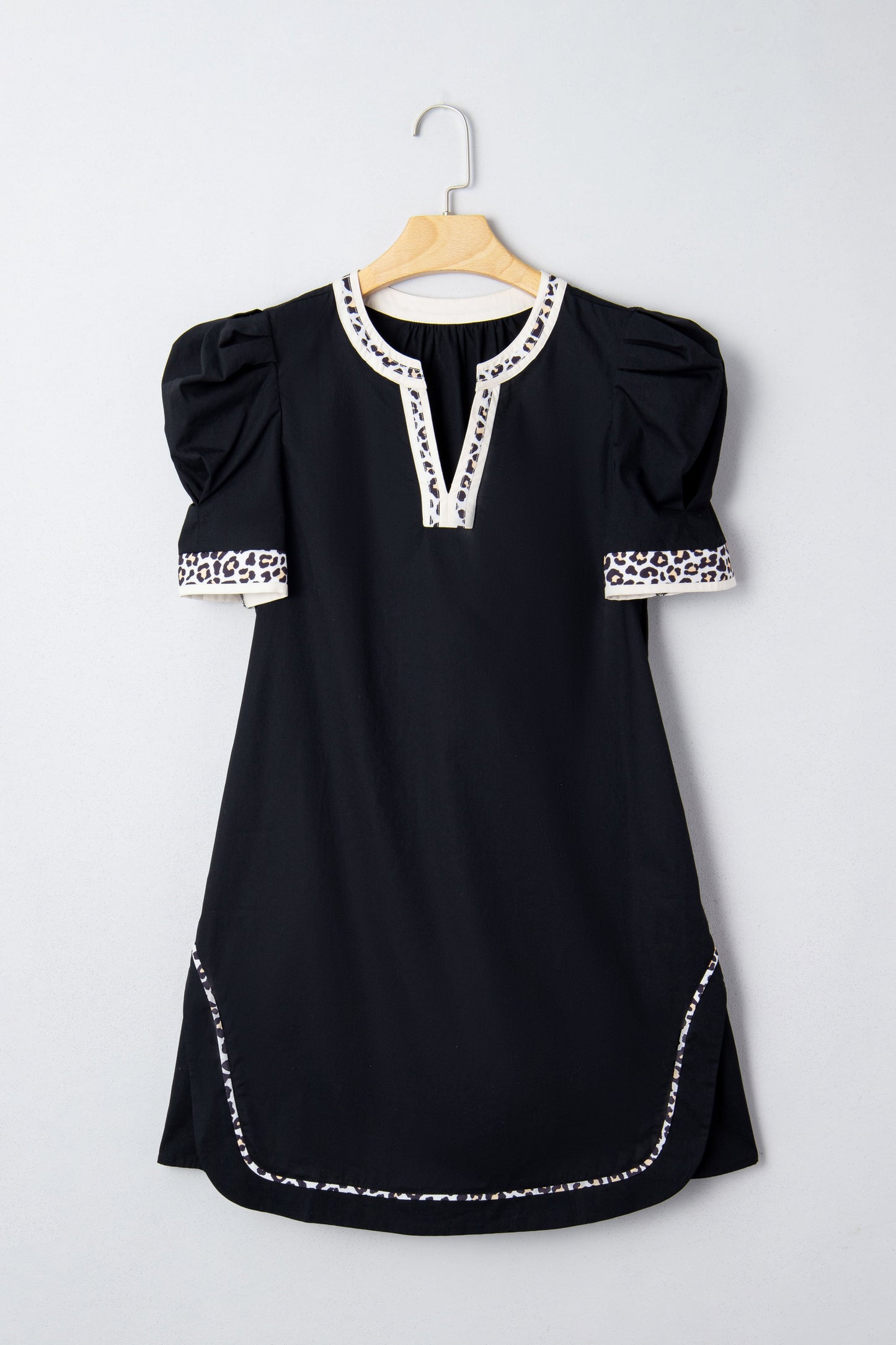 100% Cotton Leopard Trim, Puff Sleeve Shift Mini Day Dress