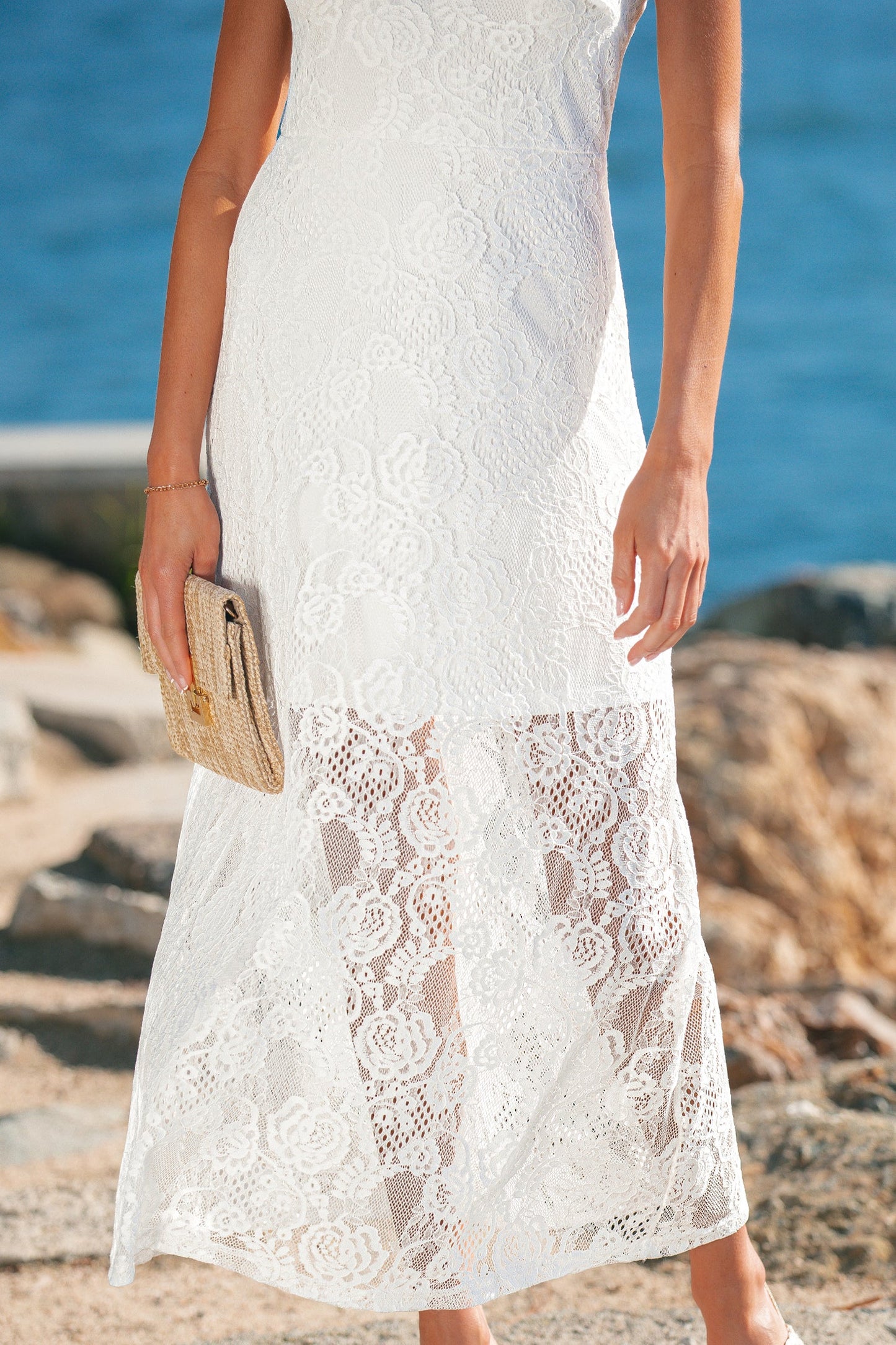LAST ONES Maxine White Lace Overlay Long Summer Day Dress