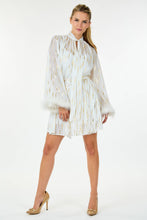 Load image into Gallery viewer, CQbyCQ&#39;s Metallic Print &amp; Feathered Cocktail Mini, Women&#39;s Party, New Years! Holiday Apparel, Evening Attire
