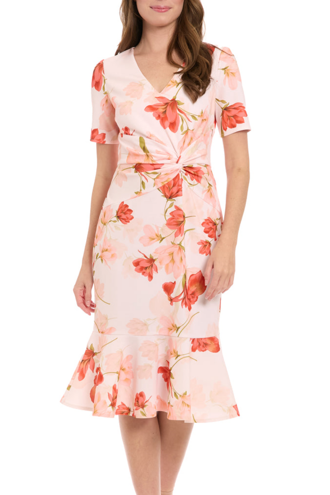 London Times Ivory-Peach Floral Twist Waist Day Dress