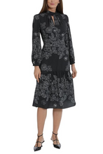 Load image into Gallery viewer, Maggy London Black Floral, Size 8 Remaining! Throw-Back Tiered Drop-Skirt Women&#39;s Day Dresses, Apparel Gatsby Attire
