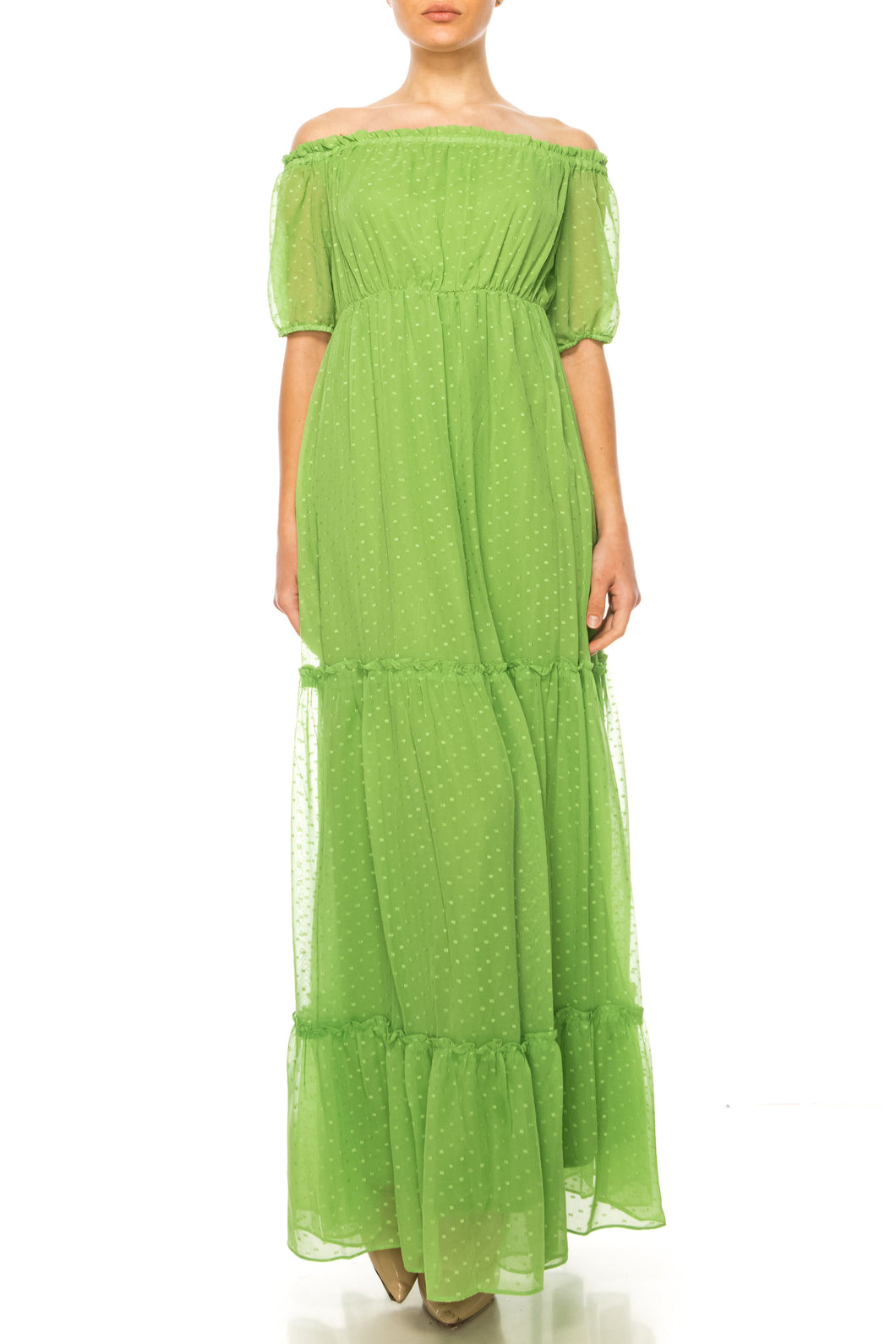 Maison Tara Green Grass Tiered Maxi Day Dress, Women's Spring Summer Apparel Casual Attire