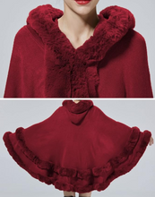 Load image into Gallery viewer, Faux Fur Hooded Poncho Stone Grey -or- Burgundy
