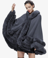 Load image into Gallery viewer, Faux Fur Hooded Poncho Stone Grey -or- Burgundy
