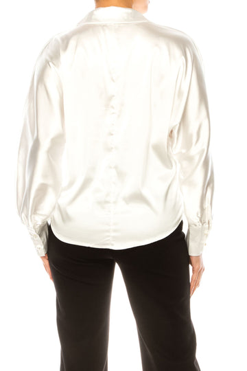 Vivid Apparel, Ivory Pearl Button Satin Blouse Women's Office, Cocktail, Event Attire