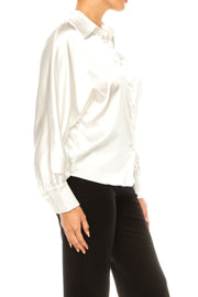 Vivid Apparel, Ivory Pearl Button Satin Blouse Women's Office, Cocktail, Event Attire