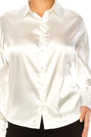 Vivid Apparel, Ivory Pearl Button Satin Blouse Women's Office, Cocktail, Event Attire
