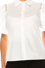 Vivid Bejeweled White 100% Cotton Blouse, Sizes M & XL ONLY, Women's Classic Apparel, Engagements, Office, Party Attire