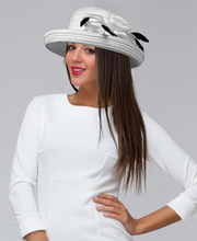 Load image into Gallery viewer, White Flower &amp; Feather Cloche, Women&#39;s Hats, Bridal, Church, Kentucky Derby
