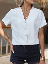 Load image into Gallery viewer, White Scalloped V-Neck Blouse Women&#39;s Tops Casual, Office Apparel
