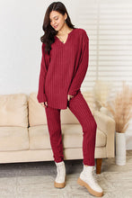 Load image into Gallery viewer, Basic Bae Notched Long Sleeve Top and Pants Set, BLK/RED/BLUE Women&#39;s Lounging
