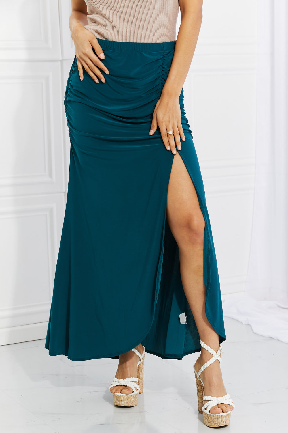 White Birch Ruched-Bum Maxi Skirt in Teal