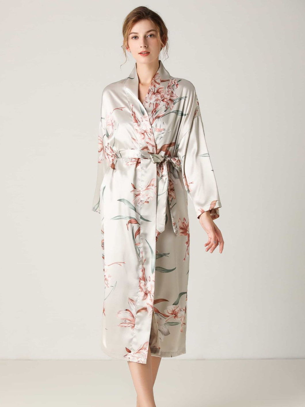 Floral Kimono Robe, Light Gray