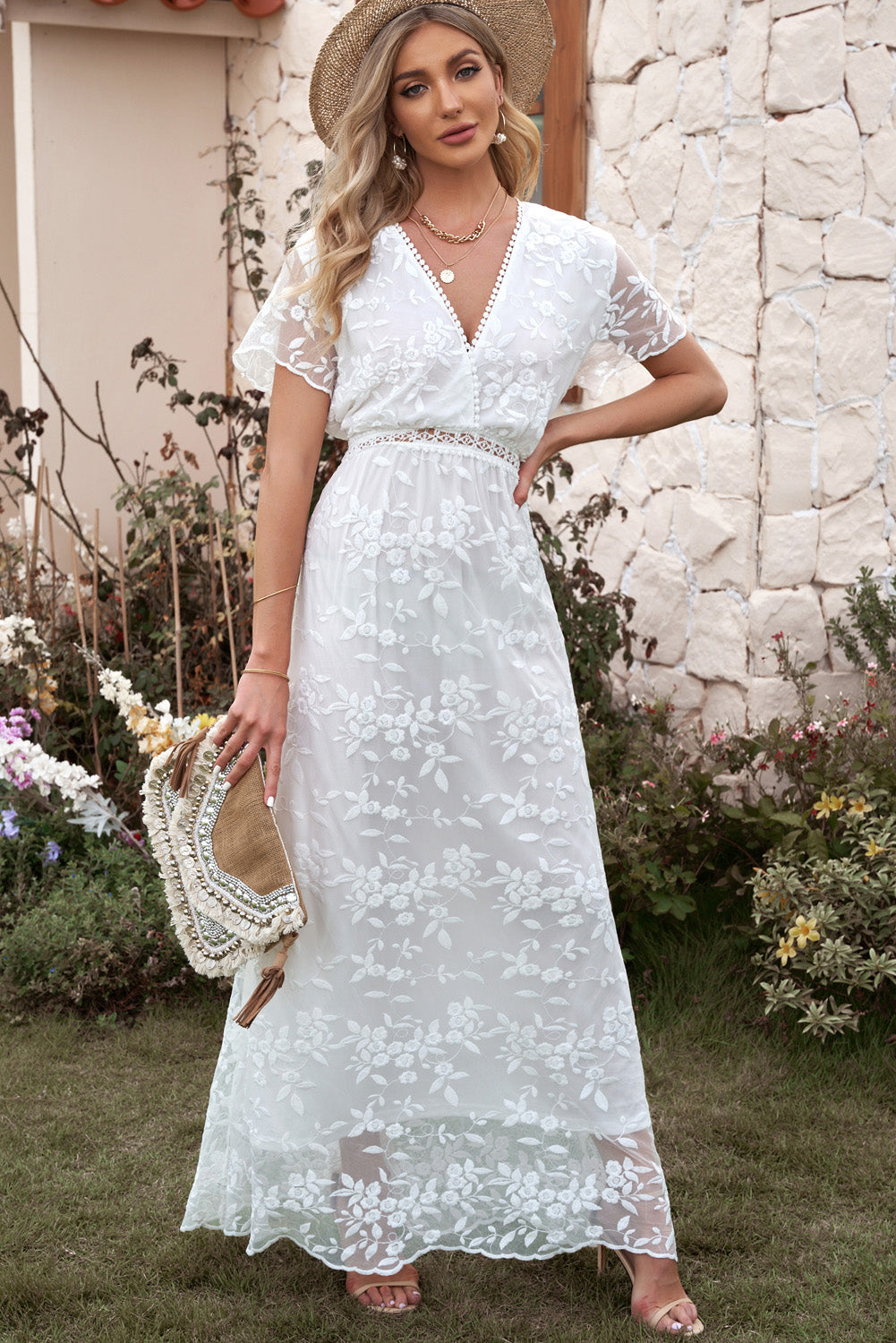 Embroidered Short Sleeve Maxi Dress