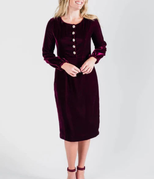 joy velvet dress w/rhinestone buttons sm & med