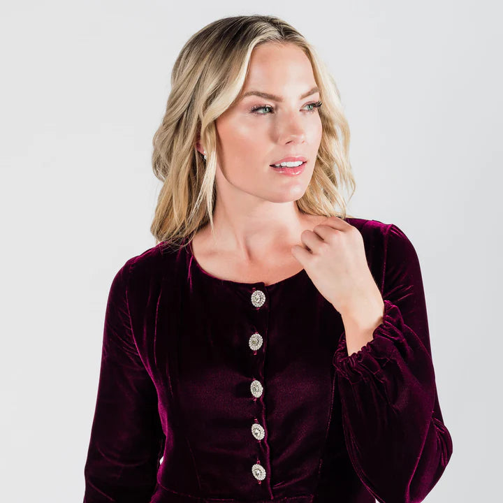 joy velvet dress w/rhinestone buttons sm & med