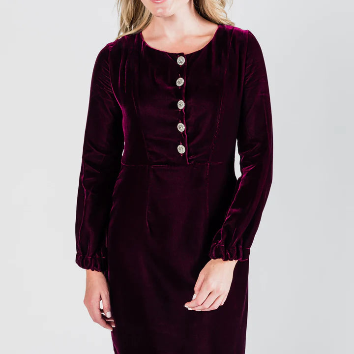 joy velvet dress w/rhinestone buttons sm & med