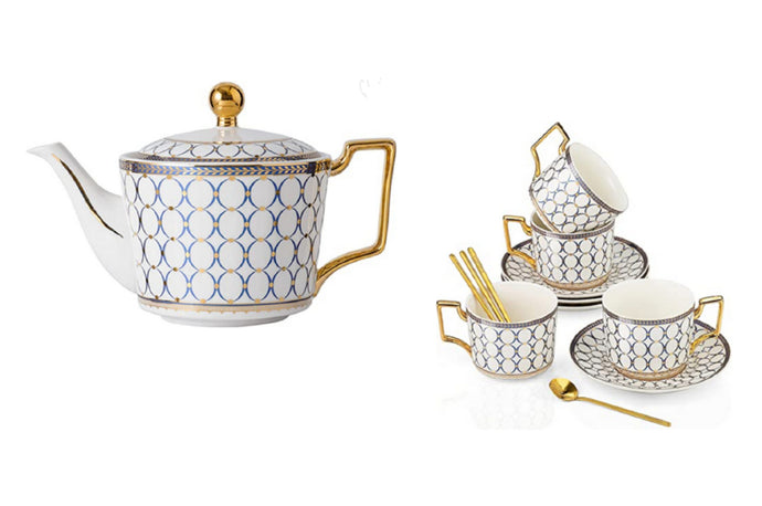 exquisite bone china gilt gold & blue tea pot and/or matching tea cups/saucers/spoons