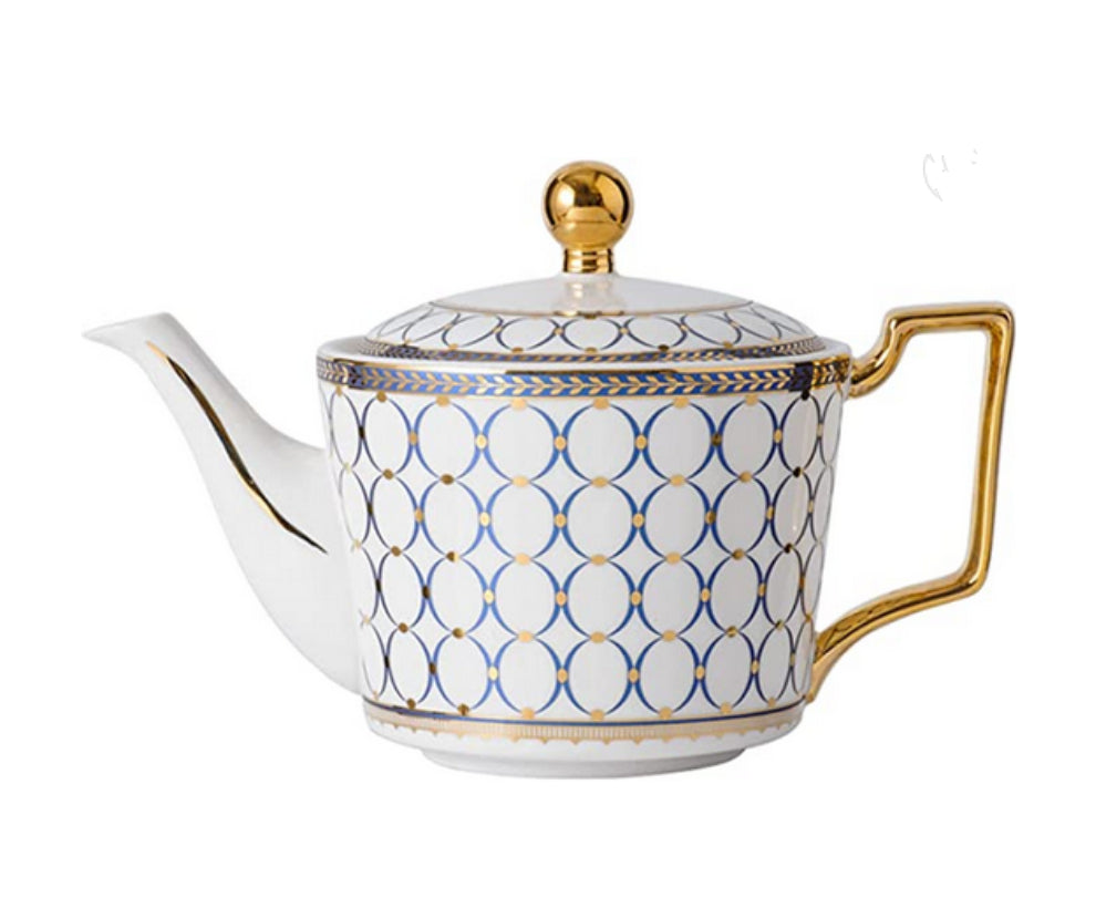 exquisite bone china gilt gold & blue tea pot and/or matching tea cups/saucers/spoons tea pot