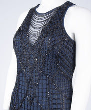 Load image into Gallery viewer, aidan mattox beaded deep blue fringed flapper size12 10
