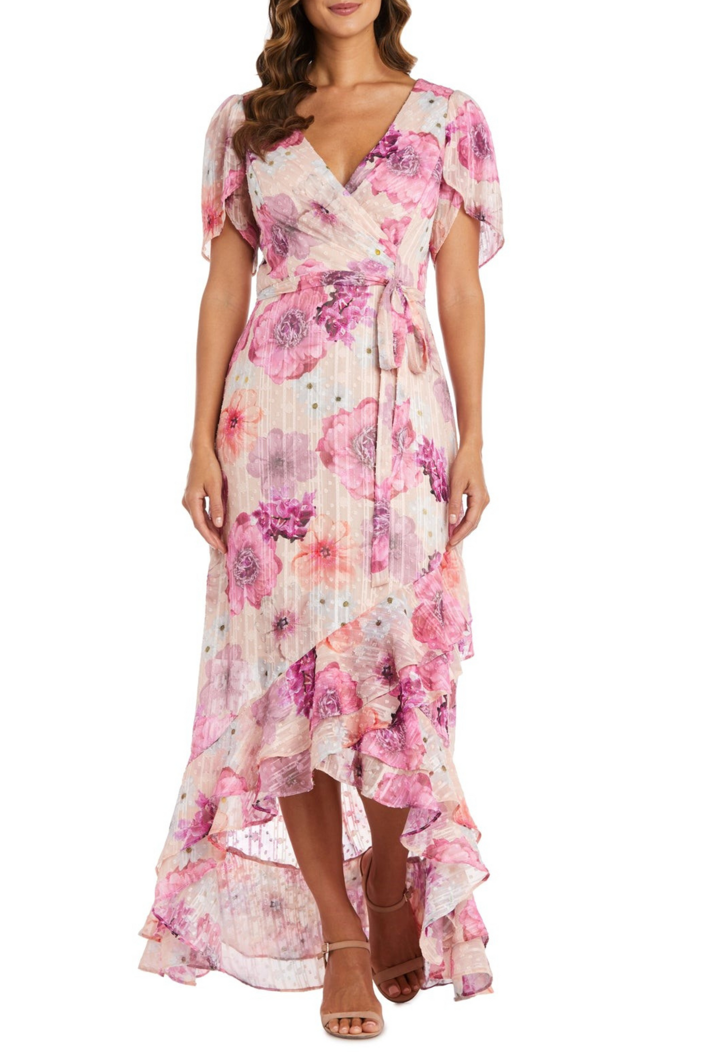 Last One! Size SM/8 - Nightway Chiffon Floral Metallic Flutter Maxi Day Dress
