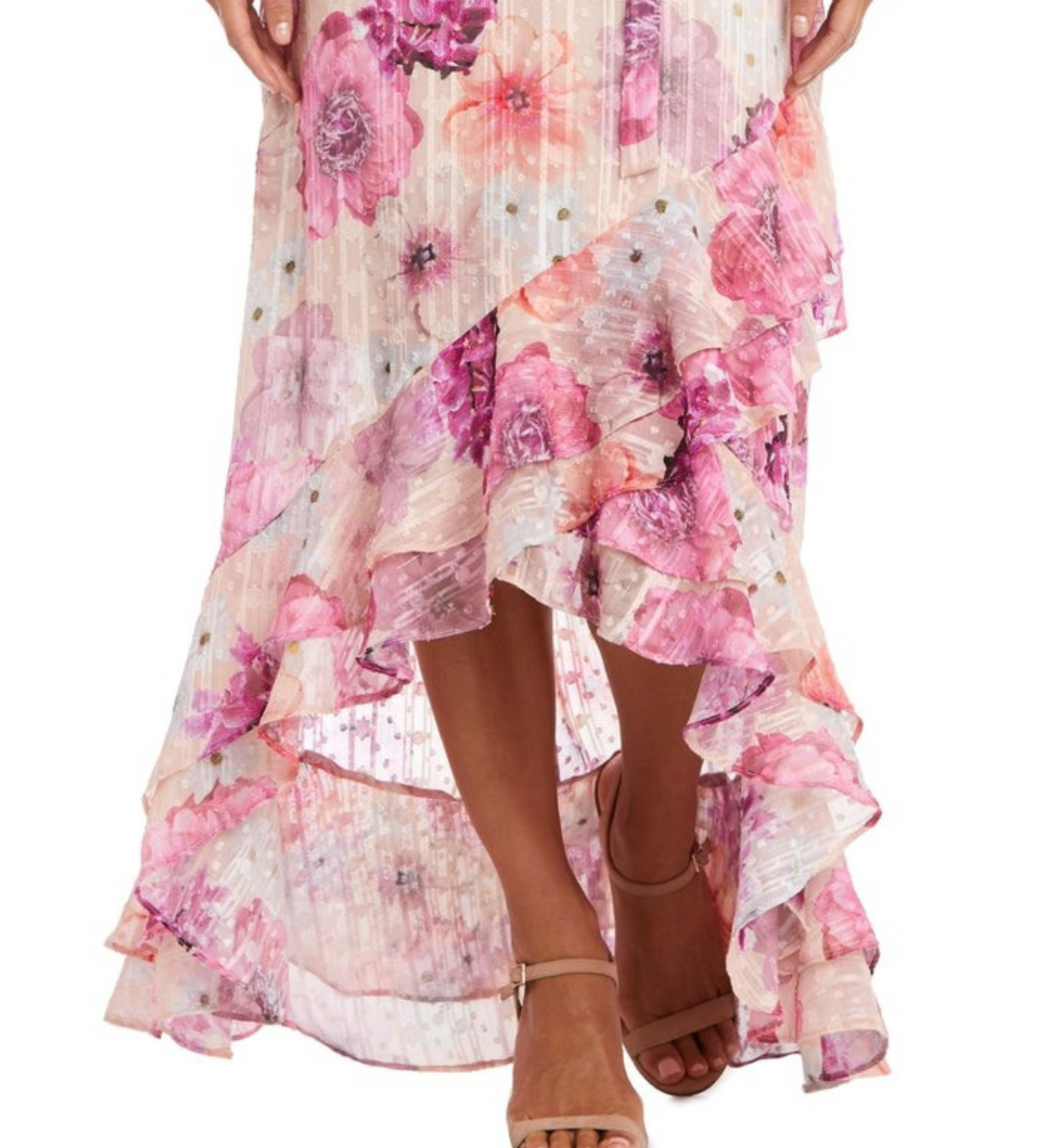 Last One! Size SM/8 - Nightway Chiffon Floral Metallic Flutter Maxi Day Dress