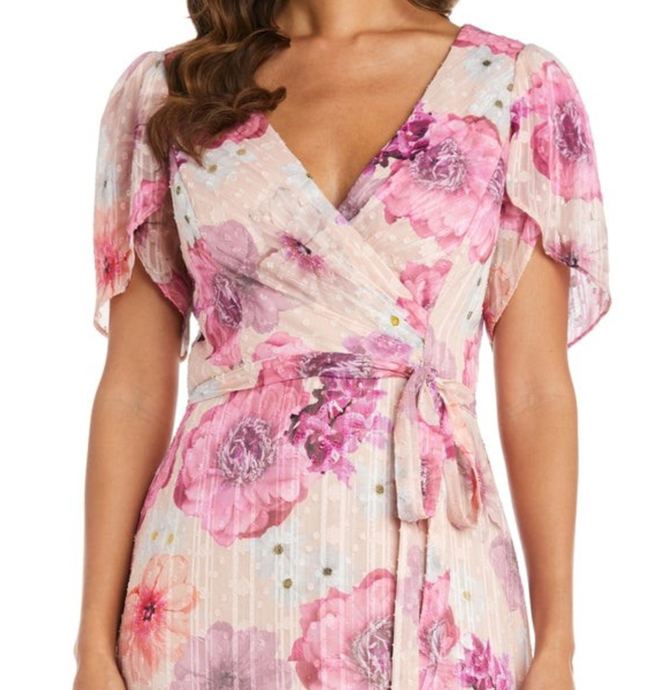 Last One! Size SM/8 - Nightway Chiffon Floral Metallic Flutter Maxi Day Dress