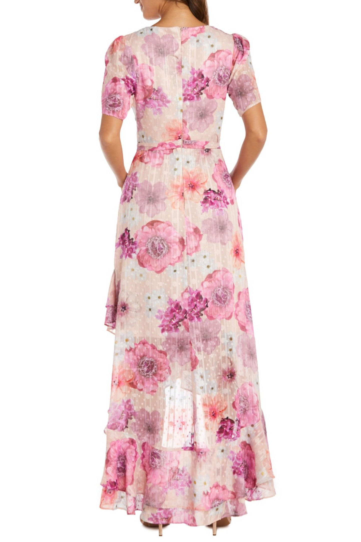 Last One! Size SM/8 - Nightway Chiffon Floral Metallic Flutter Maxi Day Dress
