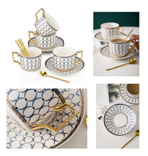 Load image into Gallery viewer, exquisite bone china gilt gold &amp; blue tea pot and/or matching tea cups/saucers/spoons
